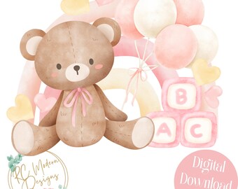 Teddy Bear Baby clipart, pink baby bear, Teddy Bear baby rainbow, teddy bear balloons, Teddy bear Baby shower clipart, Baby pink teddy bear