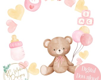 Teddy Bear Baby clipart, pink baby bear, Teddy Bear baby wreath, teddy bear clipart, Teddy bear Baby shower clipart, Baby bear pink wreath