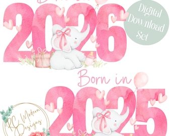 Born in 2025 Born in 2026 PNG Set, New Baby girl, baby shower sublimation, baby girl elephant, pink baby elephant, pink baby elephant shower