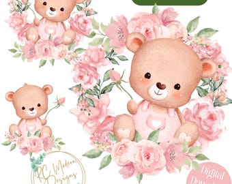 Ours en peluche bébé clipart, bébé ours PNG, roses roses ours en peluche, ours en peluche clipart, baby shower rose rose ours en peluche, ours en peluche rose PNG