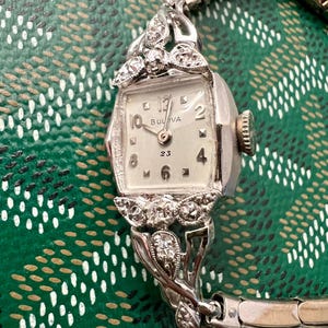 Ladies Bulova Vintage Watch 14K Solid White Gold Diamonds Heirloom Estate Jewelry Runs Excellent Swiss Movement