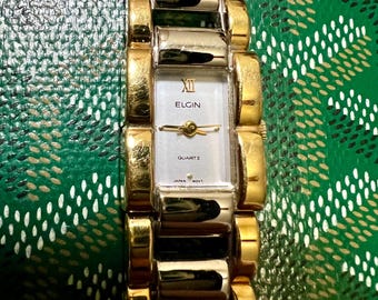 Montre à quartz vintage Elgin Tank pour femme, or et argent bicolore, fonctionne parfaitement, pile neuve vient d'être remplacée