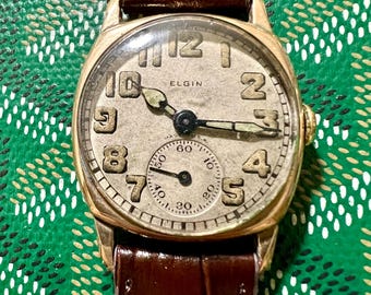 Rare Men’s Elgin Vintage Watch Beautiful Dial Runs Intermittently Needs Adjustment 10K Gold Filled 15 Jewels New Band