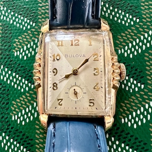 Mens Bulova Tank Vintage Watch Made in 1952 Runs Slightly Fast Gorgeous blue Faux Croc Band