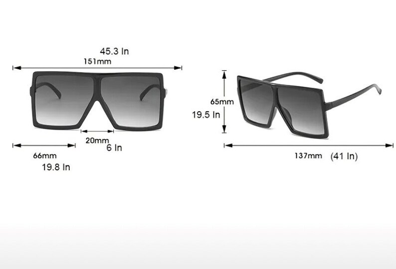 May include: Black square-shaped sunglasses with a gradient lens. The sunglasses measure 6.6 cm wide and 4.5 cm tall. The arms are 13.7 cm long.