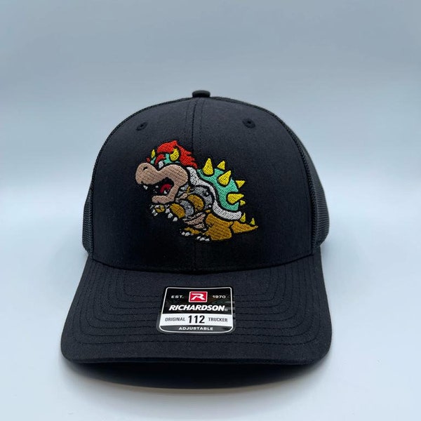 Bowser Face trucker hat, Bowser hat, Bowser embroidery hat, retro game hat, Mario embroidery cap, video game hat, Bowser retro Cartoon hat