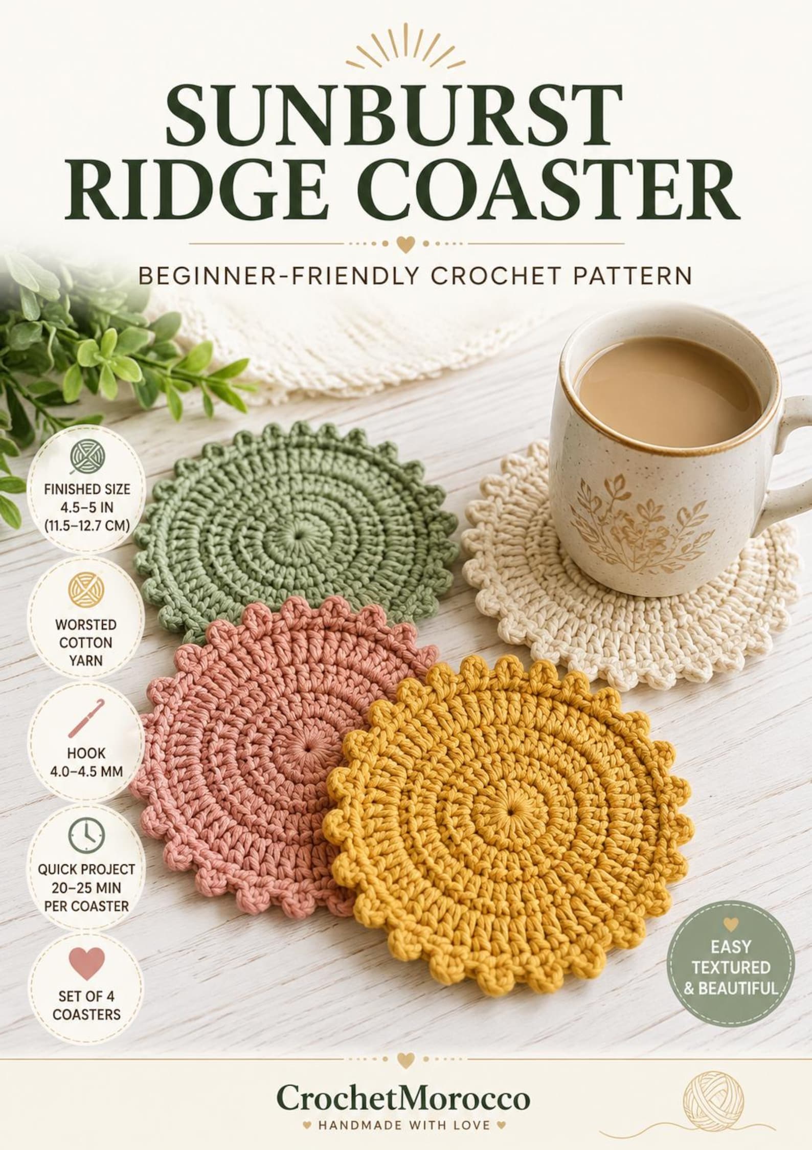 Suburt Pattern Sunburst Ridge Textured Crochet Coaster Pattern PDF - Etsy 日本