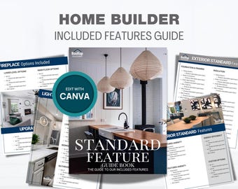 May include: A guide titled "Home Builder Included Features Guide" with multiple pages showcasing interior and exterior design elements. The guide includes text and images, with the words "Edit with Canva" on a teal circle.