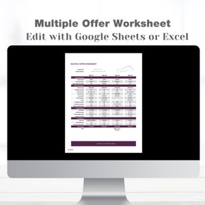 May include: A printable multiple offer worksheet for real estate agents. The worksheet is designed to help agents compare offers from multiple buyers. The worksheet includes fields for buyer information, offer details, financing information, and closing costs.