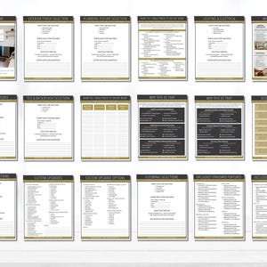May include: A collection of informational cards with gold and black borders. The cards cover topics like exterior finish, plumbing fixtures, lighting, and selections. Each card has a title and sections for details and questions.
