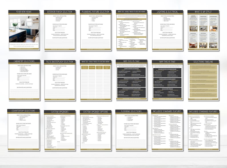 May include: A collection of informational cards with gold and black borders. The cards cover topics like exterior finish, plumbing fixtures, lighting, and selections. Each card has a title and sections for details and questions.