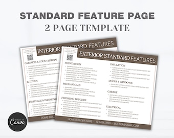 May include: A two-page template titled "Standard Feature Page" with "Interior Standard Features" and "Exterior Standard Features" sections. The template includes lists of features for cabinets, kitchen, foundation, and more. The Canva logo is visible.