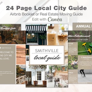 Modelo de guia de cidade local, boas-vindas do Airbnb, livro local, guia do comprador do corretor de imóveis, marketing do corretor de imóveis, guia de mudança, download instantâneo, EDIT IN CANVA