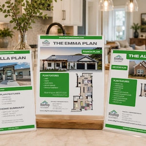 Op de afbeelding: Drie doorzichtige acryl bordhouders op een houten voet met architecturale plattegronden voor The Ella Plan, The Emma Plan en The Ally Plan van Rooftop Home Builders. Elk bord bevat een foto van een huis, een plattegrond en tekst.