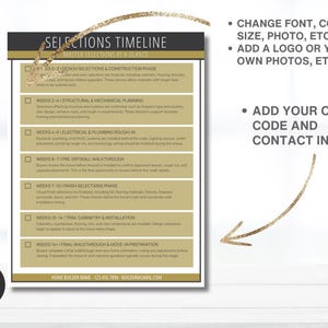 May include: A digital document titled "Selections Timeline" with a gold and black design. The document outlines phases of a construction project, including design, structural planning, electrical, and final walkthrough. The Canva logo is in the bottom left.