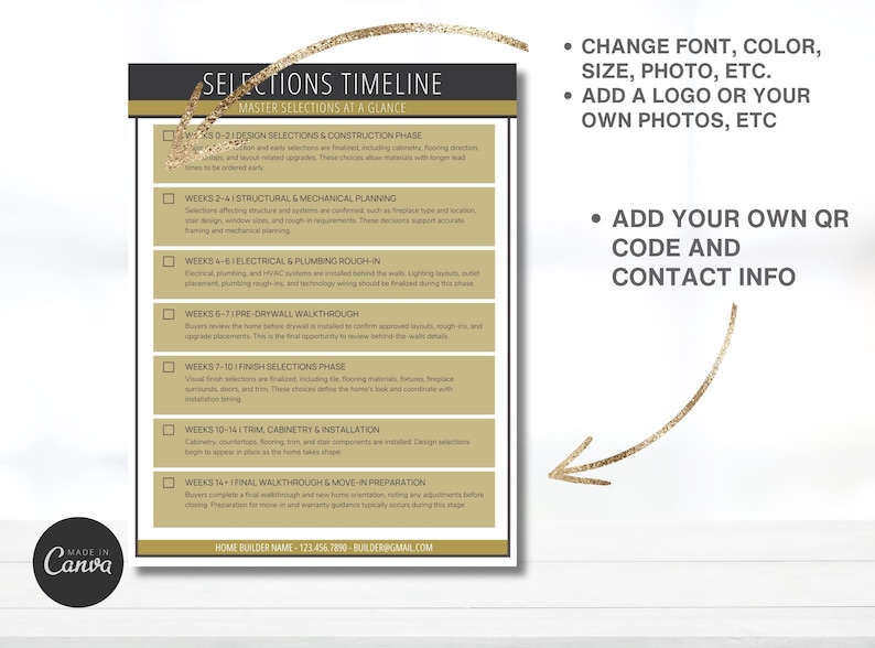May include: A digital document titled "Selections Timeline" with a gold and black design. The document outlines phases of a construction project, including design, structural planning, electrical, and final walkthrough. The Canva logo is in the bottom left.
