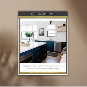 May include: A brochure titled "YOUR NEW HOME" with a kitchen interior. The kitchen features dark blue cabinets, white countertops, and stainless steel appliances. Text on the brochure reads: "A simple guide to help you explore your options..."