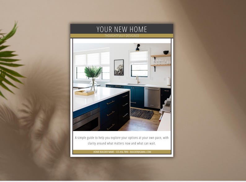 May include: A brochure titled "YOUR NEW HOME" with a kitchen interior. The kitchen features dark blue cabinets, white countertops, and stainless steel appliances. Text on the brochure reads: "A simple guide to help you explore your options..."