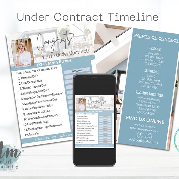 Textable Under Contract Timeline ︱Real Estate Important Date & Important Contacts︱Instant Download EDIT IN CANVA