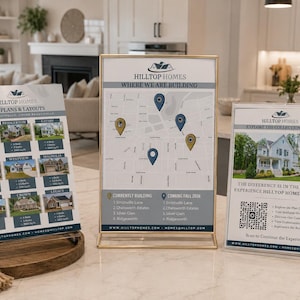 May include: Three vertical acrylic sign holders displaying Hilltop Homes marketing materials. The left sign shows floor plans and layouts, the center sign features a map with location pins, and the right sign includes a QR code and company details.