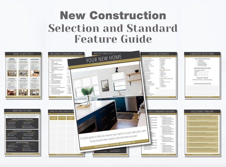 May include: A guide titled "New Construction Selection and Standard Feature Guide" with various informational pages. The central page features a kitchen photo. Text includes "Your New Home" and "A simple guide to help you explore your options."