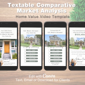 Textable CMA Home Value Video ou Text︱Texto de alojamento ︱Modelo de análise comparativa de mercado︱ Personalize e baixe com Canva