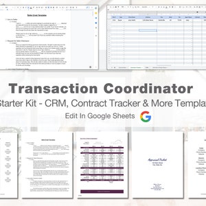 Może przedstawiać: Zrzut ekranu dokumentu Google Sheet zatytułowanego "Transaction Coordinator Starter Kit - CRM, Contract Tracker & More Templates. Edit In Google Sheets." Dokument zawiera kilka arkuszy kalkulacyjnych z nagłówkami takimi jak "Lead Tracking Worksheet", "Seller Email Templates", "Multiple Offer Management" i "Local Utilities & Providers".