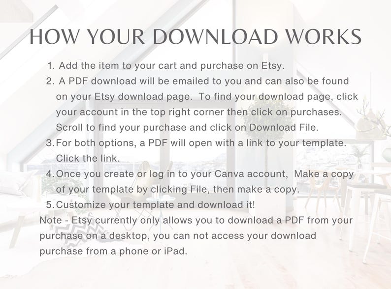 May include: A light-colored graphic with the text "HOW YOUR DOWNLOAD WORKS" and numbered steps for purchasing and downloading a template from Etsy. Instructions include adding to cart, downloading a PDF, and customizing the template in Canva.