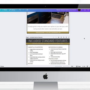 May include: A computer monitor displays a document titled "Master Selection Guide Luxury Version." The document includes text about interior features, cabinets, countertops, bathroom, plumbing, and finishes. The screen shows a Canva design interface.