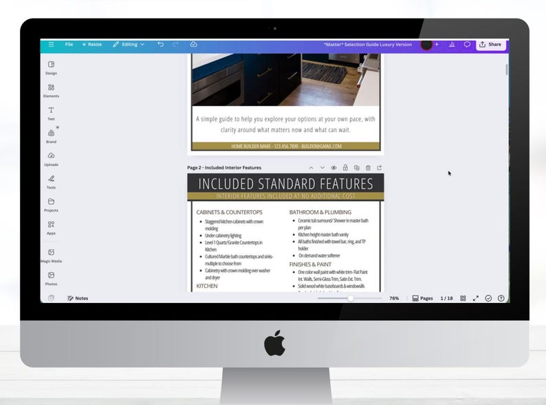 May include: A computer monitor displays a document titled "Master Selection Guide Luxury Version." The document includes text about interior features, cabinets, countertops, bathroom, plumbing, and finishes. The screen shows a Canva design interface.
