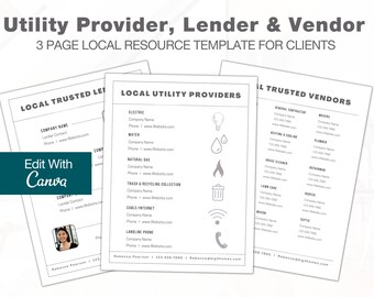 Realtor Resource List Template: Utility, Lender, Vendor (Edit in Canva)