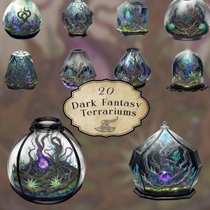Watercolor terrarium Clipart, Dark Fantasy garden png, terrarium clipart, glass greenhouse, clipart bundle, magical cutouts, grimdark