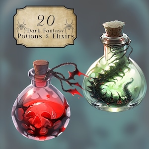 May include: Two glass potion bottles with cork stoppers. One bottle contains a red liquid with a skull design and the other contains a green liquid with a black creature inside. The bottles are labeled "20 Dark Fantasy Potions & Elixirs".
