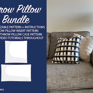 May include: A digital download for a throw pillow bundle. The image shows a graphic of two white throw pillows on a blue background. The text "Throw Pillow Bundle" is in large white letters. Below the text is a list of the included patterns: "Customizable Pattern + Instructions", "Throw Pillow Insert Pattern", "Zipper Throw Pillow Case Pattern", and "Bonus Video Tutorials Throughout". The text "Tailored Trends" is at the bottom of the image.