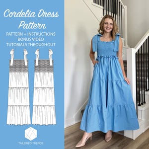 Cordelia Dress PDF Sewing Pattern | Shirred Bodice Maxi Dress with Tiers, Pockets & Strap Options | Digital Download Sizes 2-14