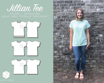 Dames-T-shirt | Digitaal naaipatroon | Maten 2-14 | Pdf-download | T-shirt met opgerolde mouw en zak | 3 variaties