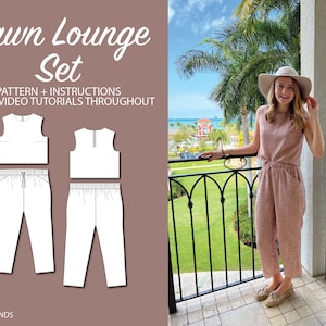May include: A sewing pattern for a two-piece lounge set called "Dawn Lounge Set". The pattern includes instructions and bonus video tutorials. The set includes a sleeveless crop top and pants with a drawstring waist.
