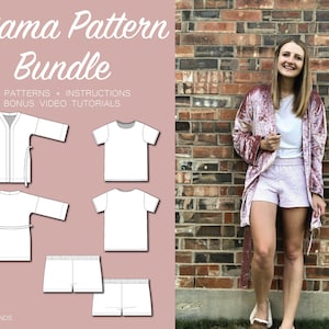 Women&#39;s Pajama Set | Digital Sewing Pattern | Sizes 2-14 | PDF Download | Pattern Bundle | Bath Robe, Basic T-Shirt, Pajama Short