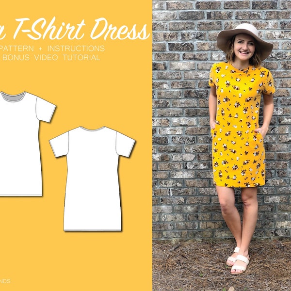 T-Shirt Dress | Digital Sewing Pattern | Sizes 2-14 | PDF Download | Short-Sleeved, Relaxed Fit Tee Dress with Pockets