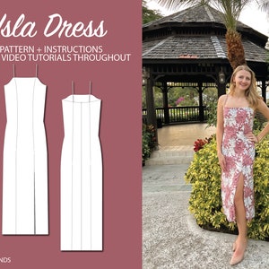 May include: A white line drawing of a sleeveless dress with a front slit, labelled "Isla Dress". The dress is shown on a model wearing a pink floral print dress with a front slit, standing in front of a gazebo.