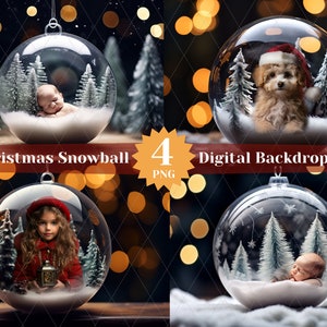 4 x Christmas Snowball Photo Insert Digital Backdrops, Festive Season, XMAS, Holiday Greetings, Digital background for photography, Snow