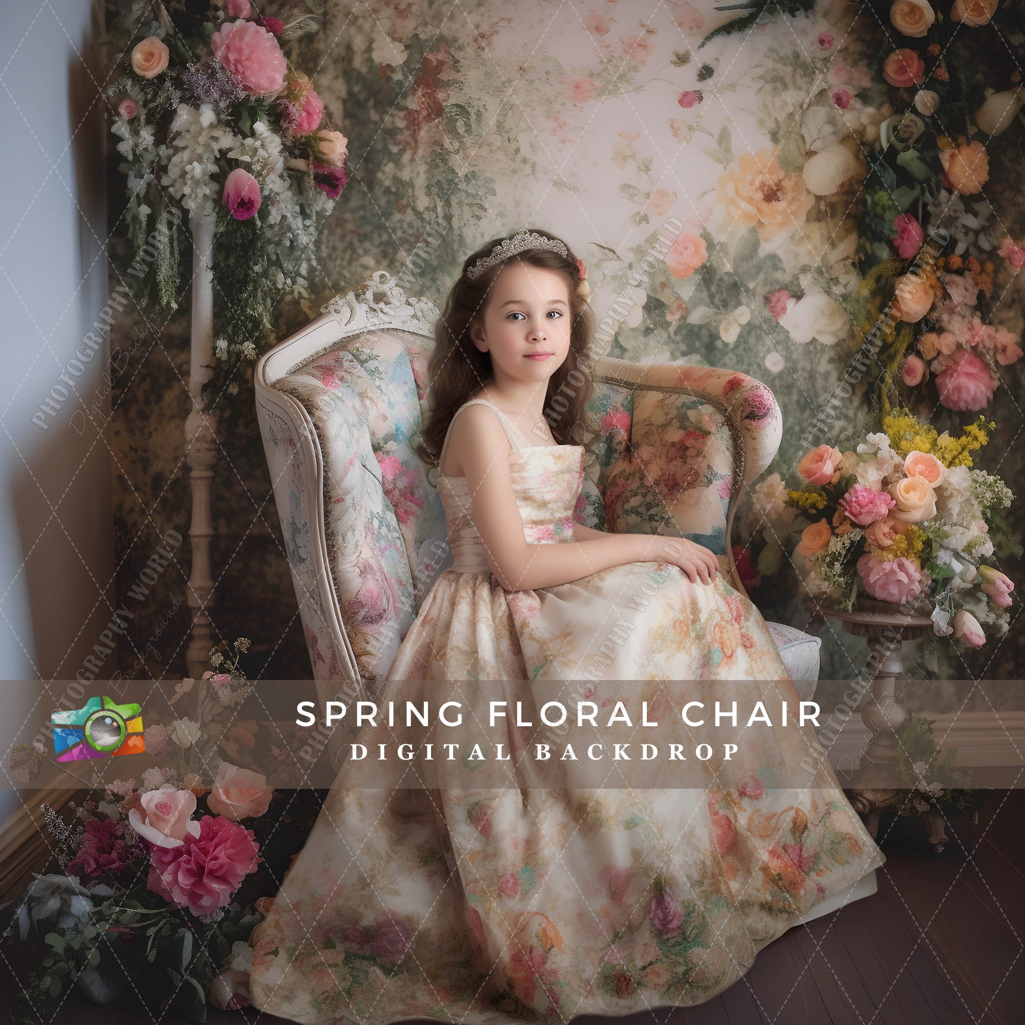 Spring Floral Chair Digital Backdrop, Portrait Digital Background ...
