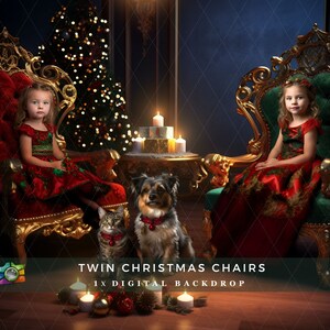 May include: Two children in red dresses sit on ornate gold chairs in a Christmas scene. A decorated Christmas tree and candles are in the background. A cat and dog are in front of the chairs. The text "TWIN CHRISTMAS CHAIRS 1X DIGITAL BACKDROP" is at the bottom.