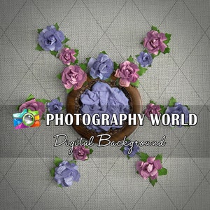Anel de flores Cenário para recém-nascido Fundo cinza - Fundo composto - Download instantâneo - Cenário digital para recém-nascido