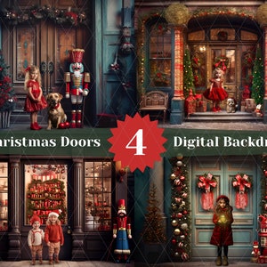 4 x Christmas Doors Digital Backdrops, Festive Season Digital, XMAS, Nutcracker, Holiday Greetings, Digital background for photography, Red