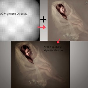 Puede incluir: Imagen que demuestra un efecto de superposición de viñeta PNG. La imagen muestra a una mujer envuelta en tela transparente antes y después de aplicar la superposición. El texto "PNG Vignette Overlay" y "AFTER applying Vignette Overlay" son visibles.
