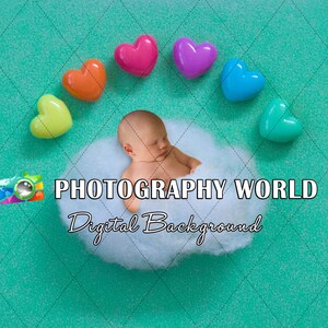 Valentine&#39;s Day Sweet Dreams Rainbow Cloud Digital Background - Sky Backdrop Overlay - Background Composite Rainbow Hearts, Love hearts