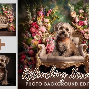 May include: A small brown dog wearing a bandana sits on a gold and white ornate chair. The chair is surrounded by a lush floral arrangement with pink, white, and yellow flowers. The background is a blurred green and brown colour. The text "Retouching Services PHOTO BACKGROUND EDITING" is at the bottom of the image.