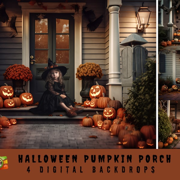 Halloween Pumpkin Porch Digital Background, Composite Pumpkin backdrop, Trick or Treat, Halloween Backdrop, Digital Download