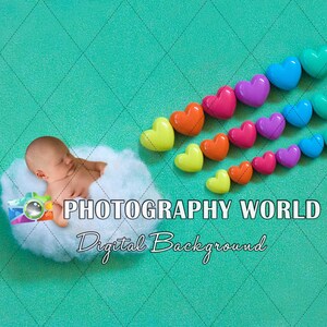 Valentine&#39;s Day Rainbow Hearts Baby on Cloud Digital Background, Sky Backdrop Overlay, Background Composite, Newborn digital backdrop, Love